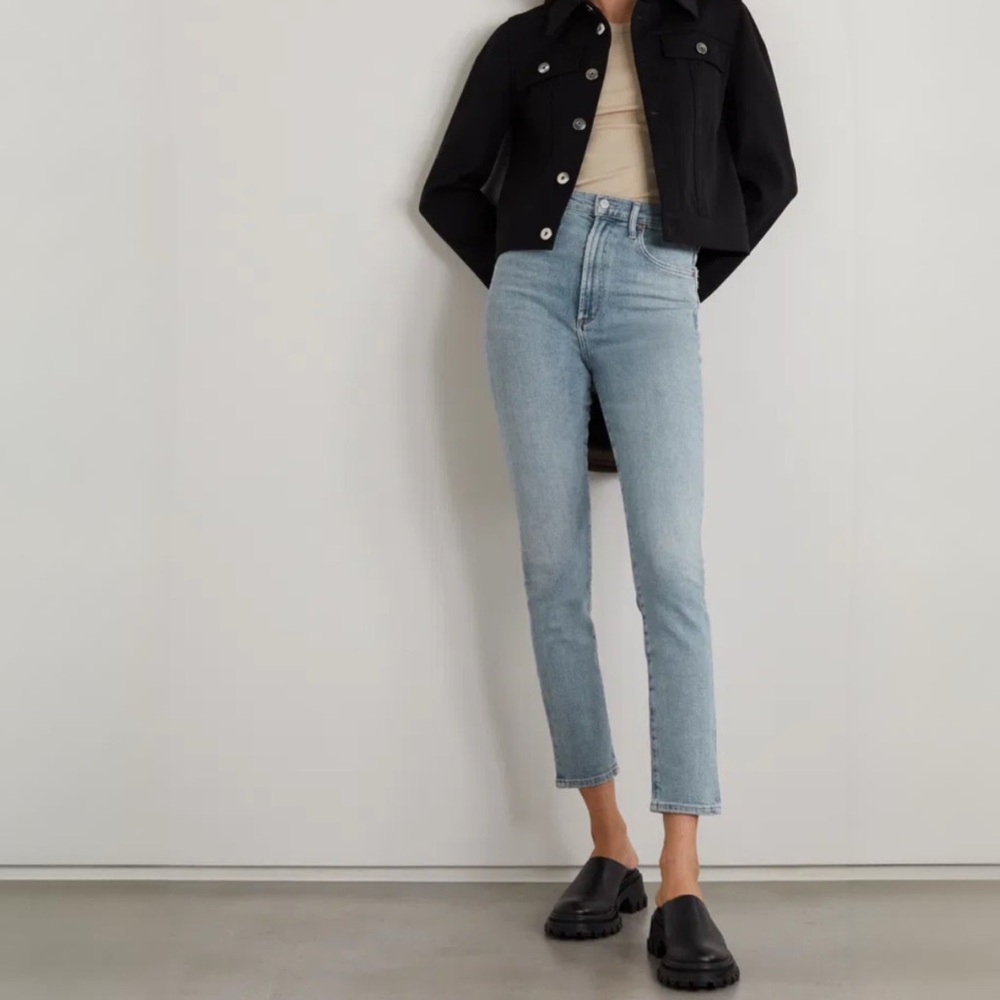 {Agolde} "Pinch Waist High Rise Skinny" Light Blue Stretch Denim Jeans
